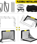 Diagram showing setup steps for Portable 4x3 Ft Pop Up Soccer Goal For Backyard And Indoor Use, includes parts and assembly process