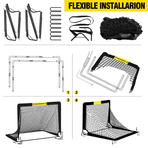 Diagram showing setup steps for Portable 4x3 Ft Pop Up Soccer Goal For Backyard And Indoor Use, includes parts and assembly process