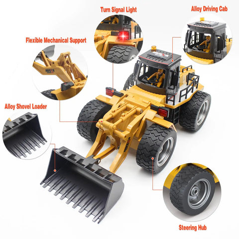 9 Channel RC Front Loader 4WD Alloy Shovel Loader Tractor With Lights Remote Control Bulldozer for kids aged 8 to 12, detail view