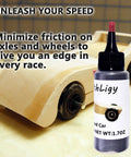 1.7OZ Graphite Powder for Pinewood Derby Cars Premium Dry Lubricant with Pointed Applicator shown next to Derby car model