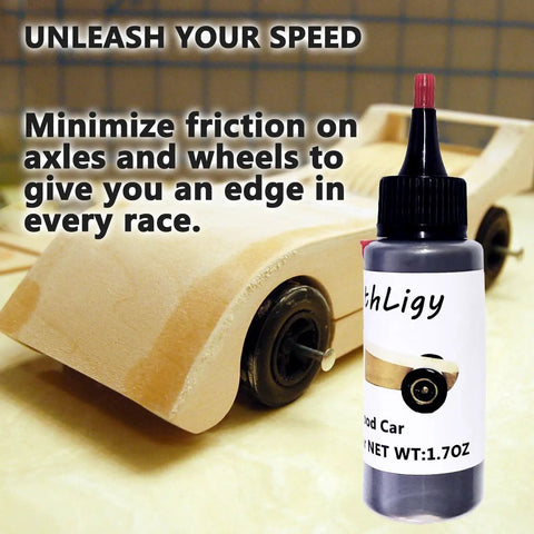 1.7OZ Graphite Powder for Pinewood Derby Cars Premium Dry Lubricant with Pointed Applicator shown next to Derby car model