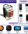 24V 40VA Thermostat And Doorbell Transformer, Power Supply For Nest Ecobee Sensi Honeywell Thermostats, Supports Nest Hello Doorbell And All Ring Doorbells showing compatibility with various devices.