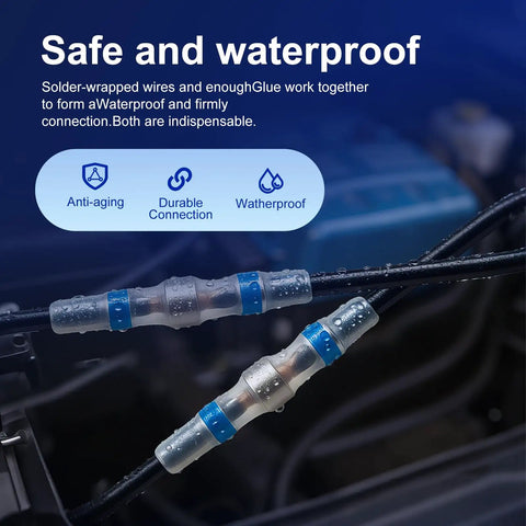 Waterproof Solder Seal Wire Connectors Kit For Auto And Marine Use Self Soldering Heat Shrink Electrical Connectors Set 26 To 10 AWG 4 Sizes 800 Pcs No Crimping Tools Needed in use sealing a wire connection with visible water droplets.
