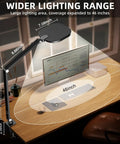 Video Conference Lighting For Computer And Webcams Dimmable 15W Ring Light illuminating desktop with measurements shown