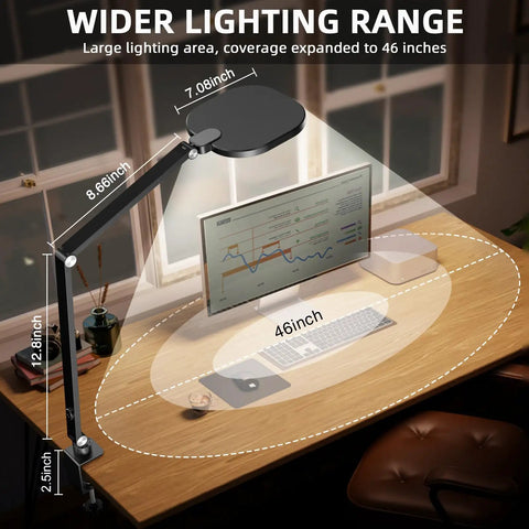 Video Conference Lighting For Computer And Webcams Dimmable 15W Ring Light illuminating desktop with measurements shown