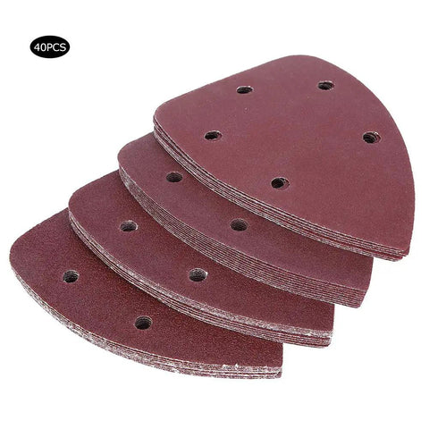 Premium 40-Piece Triangle Sandpaper Set Made From Molten Zirconium Corundum, 140x90mm sheets stacked with multiple holes for dust removal.