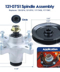Dimensions and details of 121-0751 spindle assembly, showing spindle, pulley, and application on mower deck