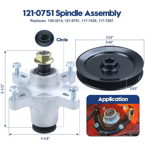 Dimensions and details of 121-0751 spindle assembly, showing spindle, pulley, and application on mower deck
