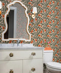 Botanical Chintz Vinyl Wallpaper Featuring Subtle Leather Texture Hella Durable Commercial Grade Wallcovering Custom Printed Just For You in a bathroom.