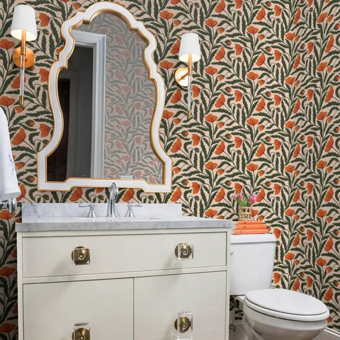 Botanical Chintz Vinyl Wallpaper Featuring Subtle Leather Texture Hella Durable Commercial Grade Wallcovering Custom Printed Just For You in a bathroom.