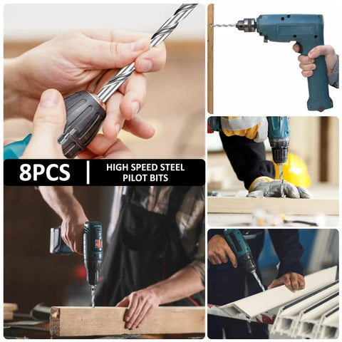 8 Piece 3/8 Inch Pocket Hole Drill Bit Set With Depth Stop Collar and Wrench used in various woodworking projects