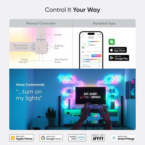 Lines Smart LED Wall Light Bar Kit With Music Sync And Screen Sync 16M Colors WiFi Control Works With Alexa And Google Assistant Expandable 90 Degree Kit setup with app control and voice commands demonstration in gaming room.