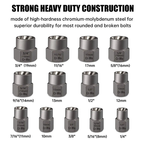 14 Piece Bolt Extractor Set For Stripped Rusted And Damaged Bolts With Hex Drive - Heavy Duty Cr-Mo Steel Construction