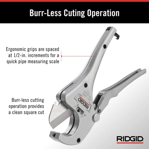 Aluminum Ratchet Action Pipe And Tubing Cutter For Plastic PVC CPVC PP PEX PE And Rubber Hose 1/8 To 1-5/8 Inch With Replaceable X-CEL Quick Change Blade Burr Free Cut And Ergonomic Grips