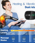 Woman using Cordless Shoulder Heating Pad with Heat and Vibration showing adjustable temperature settings.
