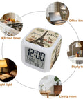 Smooth Operator Led Digital Alarm Clock Featuring Real Time And Room Temp Display, Parisian Crown Cube Frame, displaying time in a cozy room.