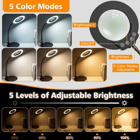 Desk Magnifying Glass With Light And Stand 10X 15X Zoom 4.2 Inch HD Lens with LED modes and adjustable brightness settings