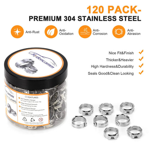 120 Pack Half Inch PEX Cinch Crimp Rings 304 Stainless Steel Pinch Clamps Stepless Single Ear Hose Clamps for PEX Tubing Pipe Fitting Connections