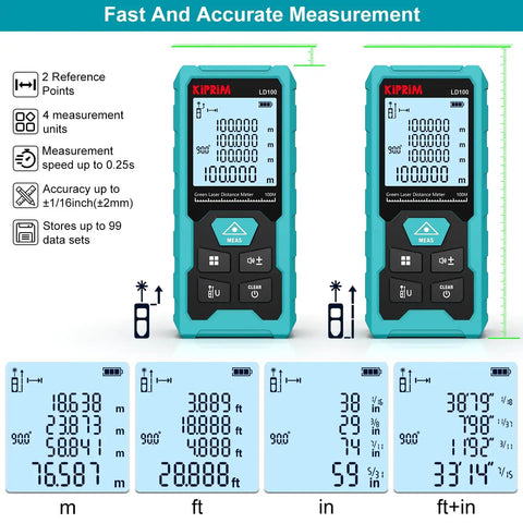 Green Laser Distance Meter With 328 Feet Range, USB Type C Rechargeable Battery, Ultra Accurate To One Sixteenth Inch, Electronic Level, Ten Measurement Modes, Class II Laser, Reflector Plate LD100 showing two units and mode screens