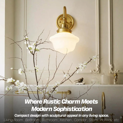 SongCiLT Vintage Sconce Wall Lighting with Milk White Glass Shade mounted on a wall with flowers in a cozy setting.
