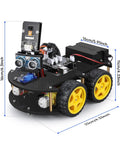 R3 Smart Robot Car Kit V4 For Arduino Hands On STEM Education Bundle with dimensions, featuring yellow wheels and electronic components.