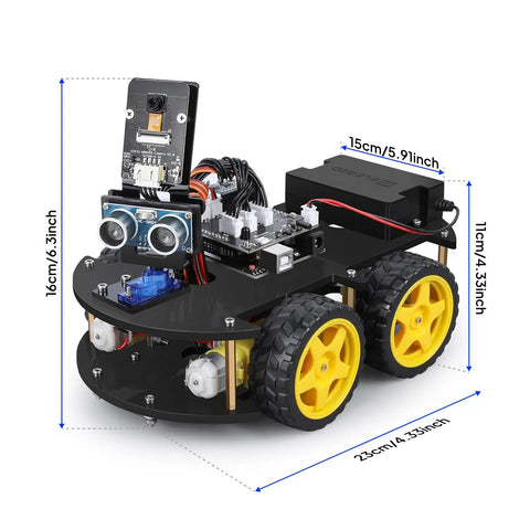 R3 Smart Robot Car Kit V4 For Arduino Hands On STEM Education Bundle with dimensions, featuring yellow wheels and electronic components.