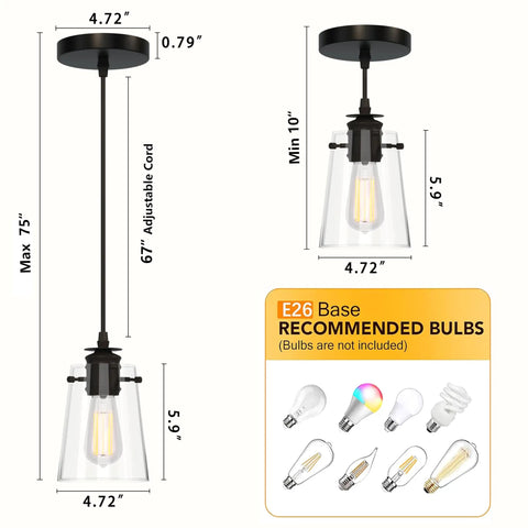Black Pendant Lights For Kitchen Island, Modern Glass Hanging Fixture, Adjustable 67" Cord and E26 bulb base.