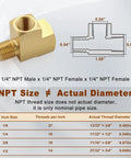 Diagram of 2 Pack Brass Tee Fittings Quarter Inch NPT Female To Quarter Inch NPT Male with size and thread specifications