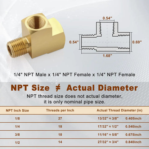Diagram of 2 Pack Brass Tee Fittings Quarter Inch NPT Female To Quarter Inch NPT Male with size and thread specifications