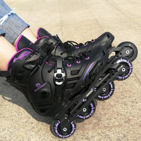 Adjustable Inline Skates For Men Women And Kids Beginners With Triple Closure Cuff Buckle Straps And Laces Black Purple Size 5.5