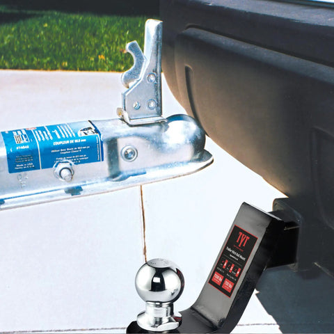 Trailer Hitch Ball Mount Kit With Four Inch Drop For Two Inch Receivers Includes Two Inch Ball And Five Eighth Inch Pin Clip Rated 7500 Lbs GTW And 750 Lbs TW With Anti Loosening Pin For Safer Towing attached to vehicle