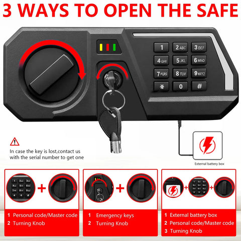 Massive Home Safe Box For Cash And Valuables With Digital Keypad, Fireproof And Waterproof Design, key options shown