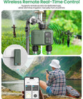 Smart WiFi Hose Timer With 2 Zones, Long Range 984ft RF, App And Voice Control, showing app and timer in garden setting