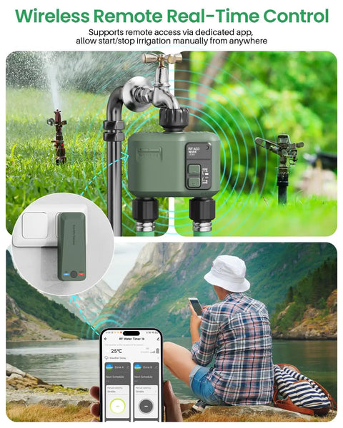 Smart WiFi Hose Timer With 2 Zones, Long Range 984ft RF, App And Voice Control, showing app and timer in garden setting