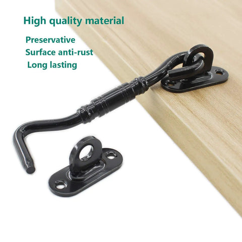Two Pack Hook And Eye Latch Set Heavy Duty Stainless Steel Gate Latch Lock for wood doors, 4 inch black, anti-rust material