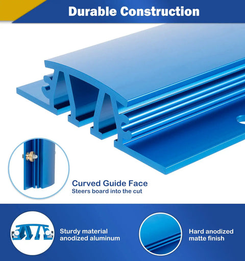 Close-up of blue anodized aluminum 7 Inch Bandsaw Resaw Guide For 14 Inch Band Saws Pro Grade Narrow Cut Accessory.