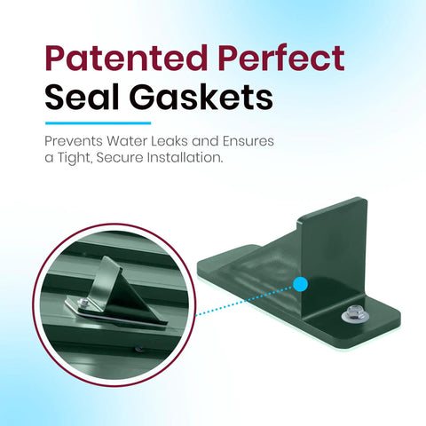 Patented perfect seal gasket for snow guard installation, ensuring tight fit and water leak prevention on metal roofs.