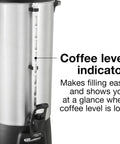 Boss Level 100 Cup Coffee Urn With Fast Brewing One Hand Dispensing Dual Heaters Brushed Aluminum Finish with coffee level indicator