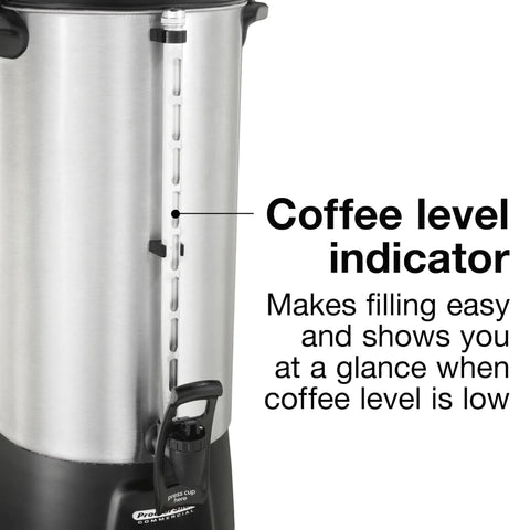 Boss Level 100 Cup Coffee Urn With Fast Brewing One Hand Dispensing Dual Heaters Brushed Aluminum Finish with coffee level indicator