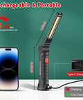 Rechargeable LED Magnetic Work Light With 360 Degree Rotation And 5 Modes, showing compact size and charging port