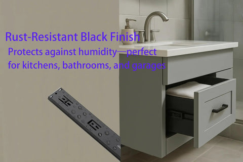 Bathroom vanity with open drawer showing 18 Inch Soft Close Drawer Slides, full extension ball bearing side mount tracks, black finish.