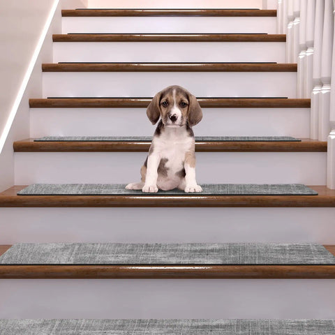 Puppy on wooden stairs with Non Slip Stair Treads For Wooden Steps Indoor Carpet With Rubber Backing 15 Pack 8X30 Inches