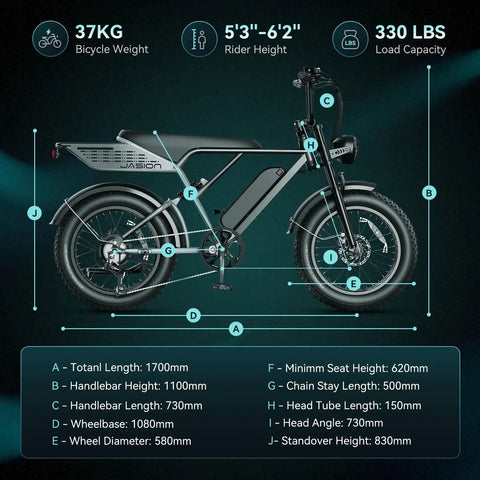 RetroVolt Pro All Terrain Electric Bike For Adults With 3000W Peak Motor and 38 MPH Top Speed displayed with size diagram.