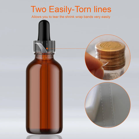 600 Pack Clear Heat Shrink Bottle Seals For Essentials Oils Droppers And Test Tubes Easy To Use Tamper Proof Shrink Bands Fits 1.8 X 1.2 Inch Caps Ideal DIY Bottling And Bottles Wrap Pro Grade. clear PVC shrink band on amber dropper bottle cap with tear lines
