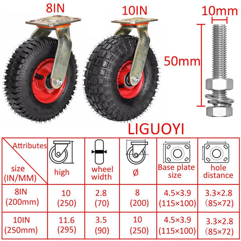 Heavy Duty Swivel Caster Wheels With Brakes Set Of Four Pneumatic Tires Silent Ride Shock Absorbing Build Ten Inches Across Loads with size details.