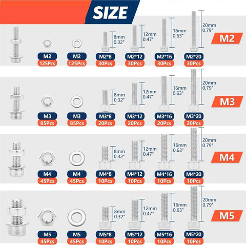 880 Piece Metric Bolt Set M2 To M5 Stainless Steel Hex Bolts Nuts And Washers Assortment Kit Perfect For DIY Projects And Repairs With Precise Threads And Durable Fasteners. size chart M2-M5 bolts with nuts and washers