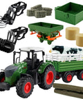 Tractor With Trailer Farm Toy Set For Kids Sixteen Point Five Inch 1 24 Scale With Gripper Front Loader And Spreader