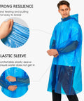 Man wearing blue rain poncho with hood, showcasing tear-resistant PE material and elastic sleeves. Clear Rain Ponchos For Adults With Hood 4 Pack Lightweight Tear Resistant Emergency Rain Gear For Travel And Outdoor Adventures One Size Fits Most Ideal For Rainy Travel Or Camping Trips displayed.