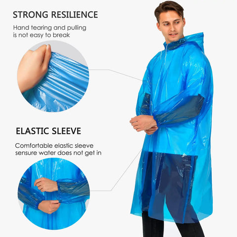 Man wearing blue rain poncho with hood, showcasing tear-resistant PE material and elastic sleeves. Clear Rain Ponchos For Adults With Hood 4 Pack Lightweight Tear Resistant Emergency Rain Gear For Travel And Outdoor Adventures One Size Fits Most Ideal For Rainy Travel Or Camping Trips displayed.