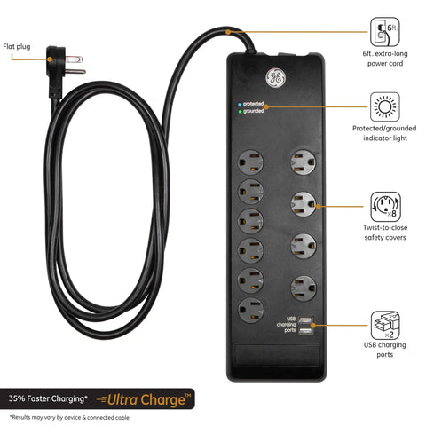 10 Outlet Surge Protector With 2 USB Ports, 6 Foot Cord, 3000 Joules, Flat Plug, Twist To Close Safety Covers, Black unit shown.
